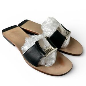 Gucci Black Leather Silver Buckle Platform Sandals Sliders 37.5 C